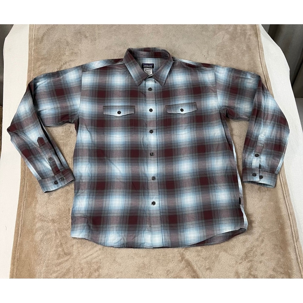 Patagonia Buckshot Plaid Flannel Shirt Men XL Burgundy Blue Organic 53856 EUC